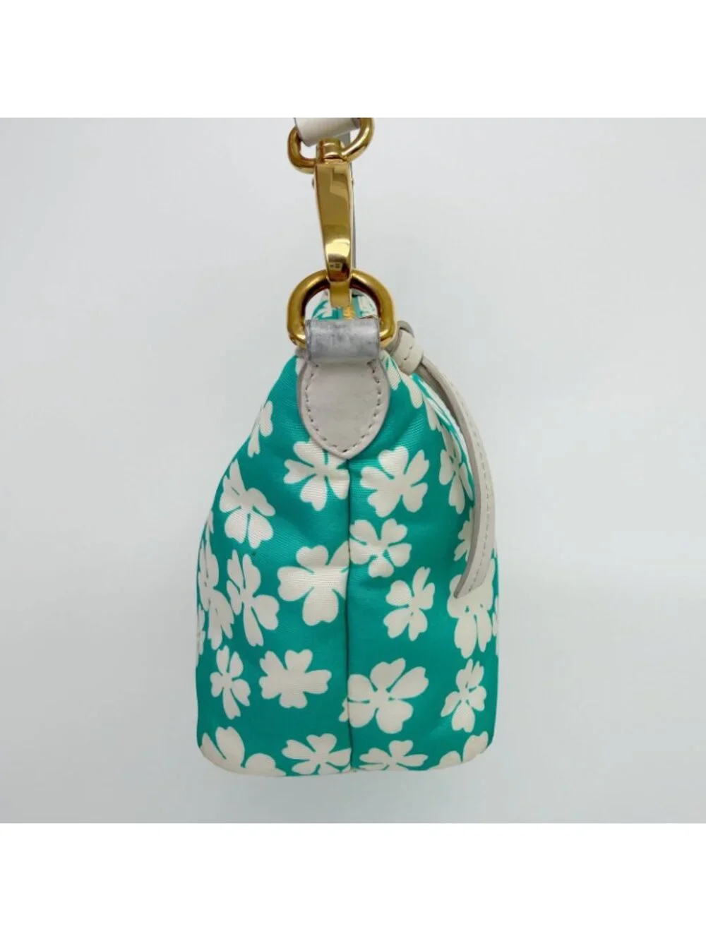 Miu Miu Flower Print Re-Nylon Mini Hobo Handbag Leather Green White Gold Vintage